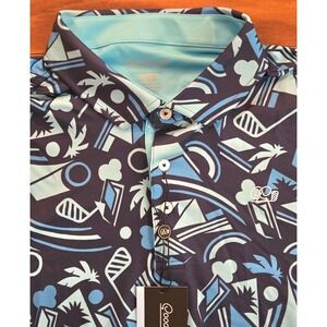 Good Good Golf Polo Shirt Mens Large Blue Geometric Tropical Palm Tree NWT